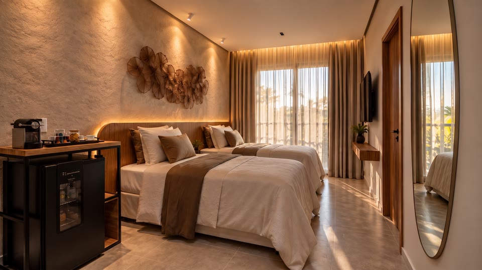 Quarto com duas camas, cabeceira iluminada e cortinas