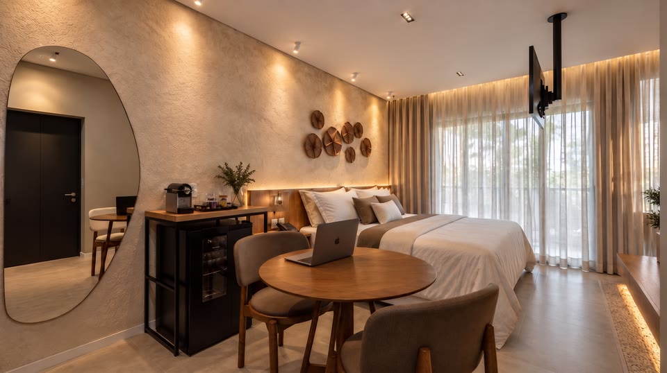 Quarto com mesa de trabalho redonda, cama de casal e TV